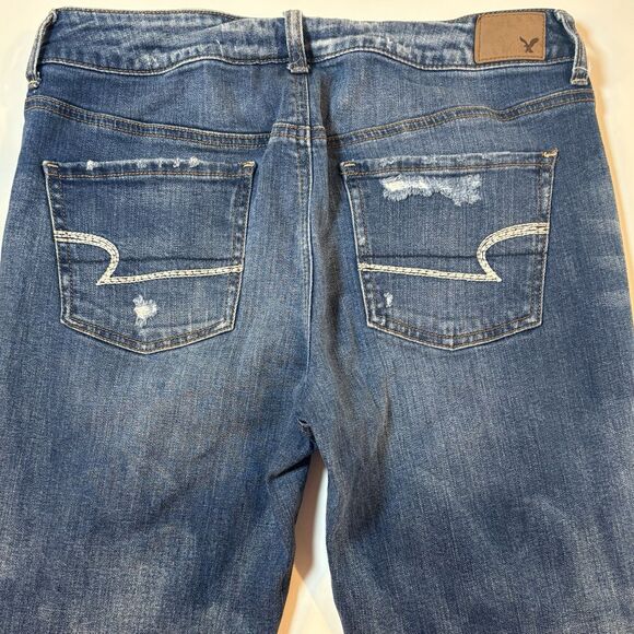 American Eagle TomGirl Jeans Womens 10 Blue Denim Stretch Distressed Button Fly - Picture 13 of 13